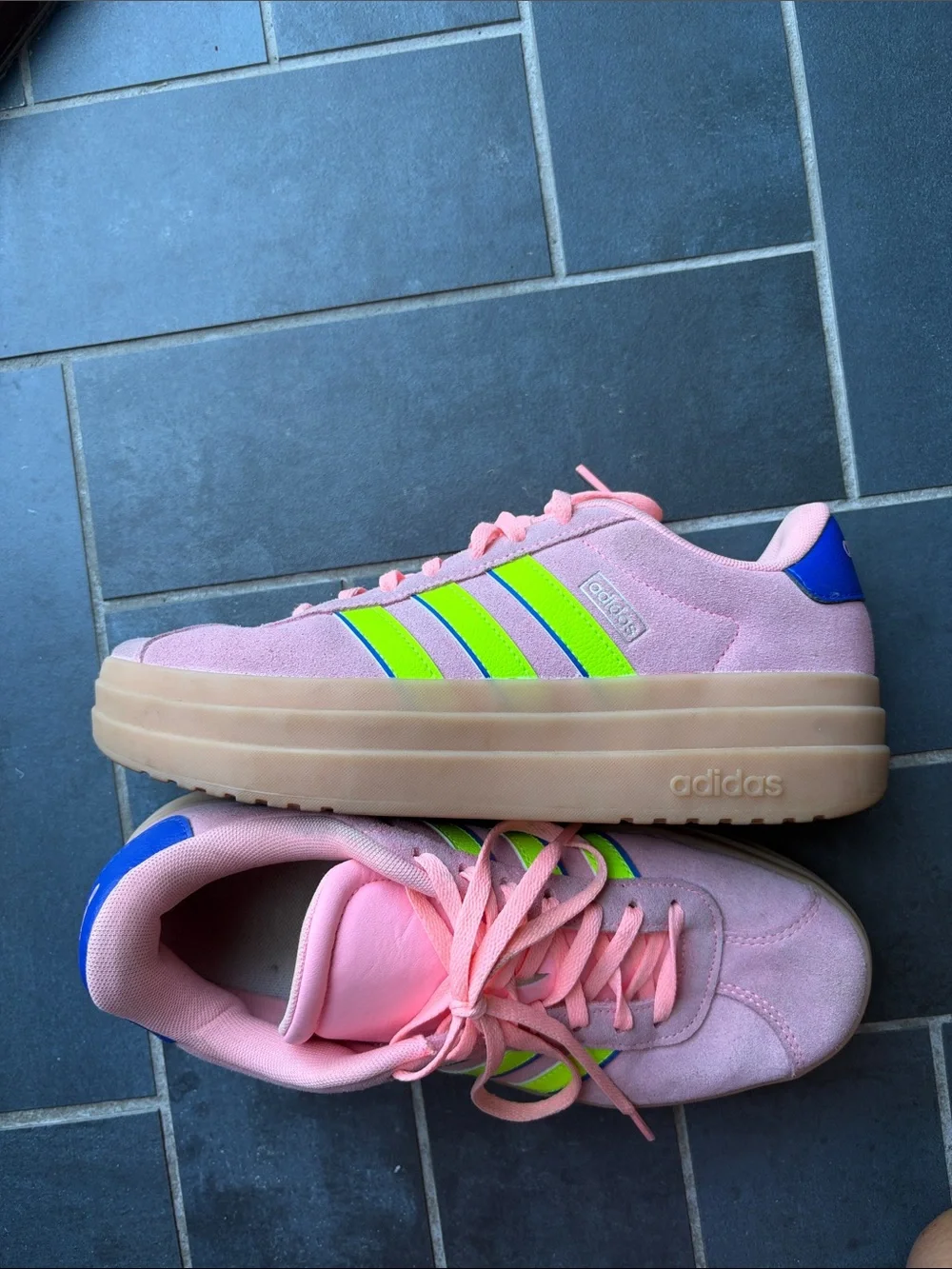adidas Pink Platform Sneakers with Neon Green and Blue Accents